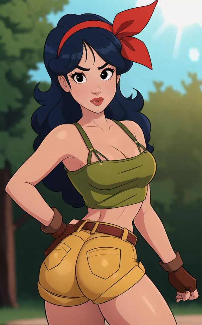 ((masterpiece, best quality)), insaneres, absurdres, solo, looking at viewer,
BlackHair_GoodLaunch_ownwaifu,
1girl, long hair, blue hair, curly hair, hair ribbon, black eyes, medium breasts, red hairband, eyelashes, bangs,
green shirt, crop top, midriff, fingerless gloves, cleavage, bare shoulders, navel, short shorts, collarbone, yellow shorts, tank top, belt, brown gloves,
outdoors, lens flare, depth of field, bokeh, vanishing point,
(contrapposto, looking back)<lora:ANIME_DragonBall_Launch_ownwaifu:0.75>,