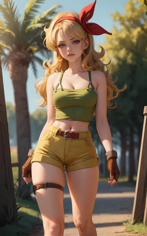 ((masterpiece, best quality)), insaneres, absurdres, solo, looking at viewer,
BlondeHair_BadLaunch_ownwaifu,
1girl, long hair, blonde hair, curly hair, hair ribbon, blue eyes, medium breasts, red hairband, eyelashes, bangs,
green shirt, yellow shorts, crop top, midriff, fingerless gloves, cleavage, bare shoulders, navel, short shorts, collarbone, tank top, belt, brown gloves, thigh strap, bare legs,
outdoors, lens flare, depth of field, bokeh, vanishing point,
(contrapposto, looking back)<lora:ANIME_DragonBall_Launch_ownwaifu:0.75>,