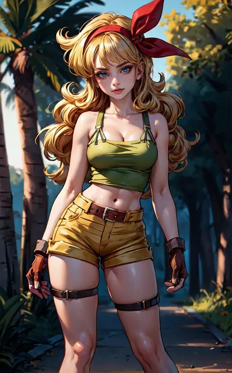((masterpiece, best quality)), insaneres, absurdres, solo, looking at viewer,
BlondeHair_BadLaunch_ownwaifu,
1girl, long hair, blonde hair, curly hair, hair ribbon, blue eyes, medium breasts, red hairband, eyelashes, bangs,
green shirt, yellow shorts, crop top, midriff, fingerless gloves, cleavage, bare shoulders, navel, short shorts, collarbone, tank top, belt, brown gloves, thigh strap, bare legs,
outdoors, lens flare, depth of field, bokeh, vanishing point,
(contrapposto, looking back)<lora:ANIME_DragonBall_Launch_ownwaifu:0.75>,