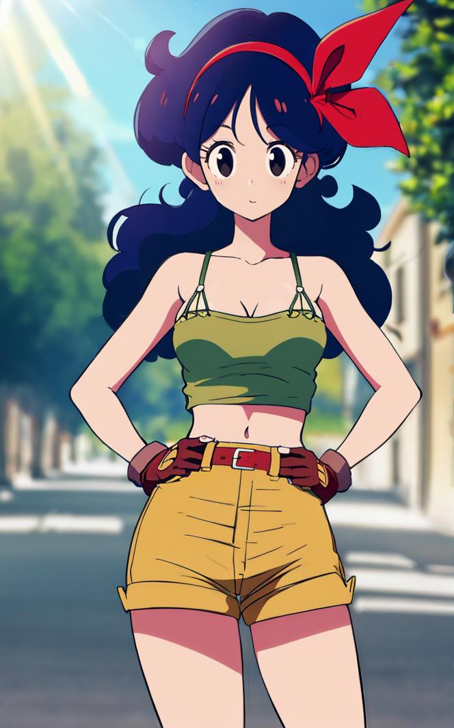 A woman in a green top and yellow shorts standing on a street - SeaArt AI