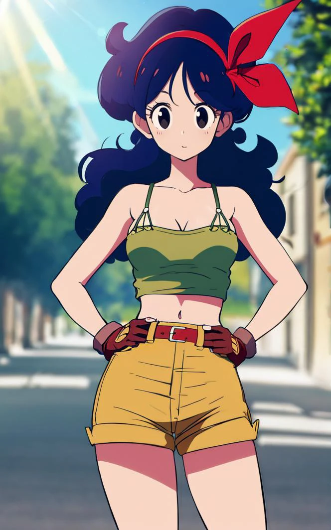 ((masterpiece, best quality)), insaneres, absurdres, solo, looking at viewer,
BlackHair_GoodLaunch_ownwaifu,
1girl, long hair, blue hair, curly hair, hair ribbon, black eyes, medium breasts, red hairband, eyelashes, bangs,
green shirt, crop top, midriff, fingerless gloves, cleavage, bare shoulders, navel, short shorts, collarbone, yellow shorts, tank top, belt, brown gloves,
outdoors, lens flare, depth of field, bokeh, vanishing point,
(contrapposto, hand on hip)<lora:ANIME_DragonBall_Launch_ownwaifu:0.85>,