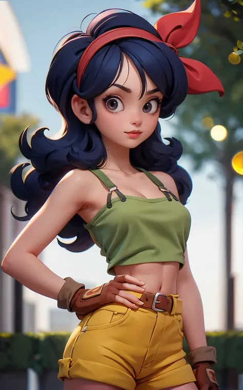 ((masterpiece, best quality)), insaneres, absurdres, solo, looking at viewer,
BlackHair_GoodLaunch_ownwaifu,
1girl, long hair, blue hair, curly hair, hair ribbon, black eyes, medium breasts, red hairband, eyelashes, bangs,
green shirt, crop top, midriff, fingerless gloves, cleavage, bare shoulders, navel, short shorts, collarbone, yellow shorts, tank top, belt, brown gloves,
outdoors, lens flare, depth of field, bokeh, vanishing point,
(contrapposto, hand on hip)<lora:ANIME_DragonBall_Launch_ownwaifu:0.85>,