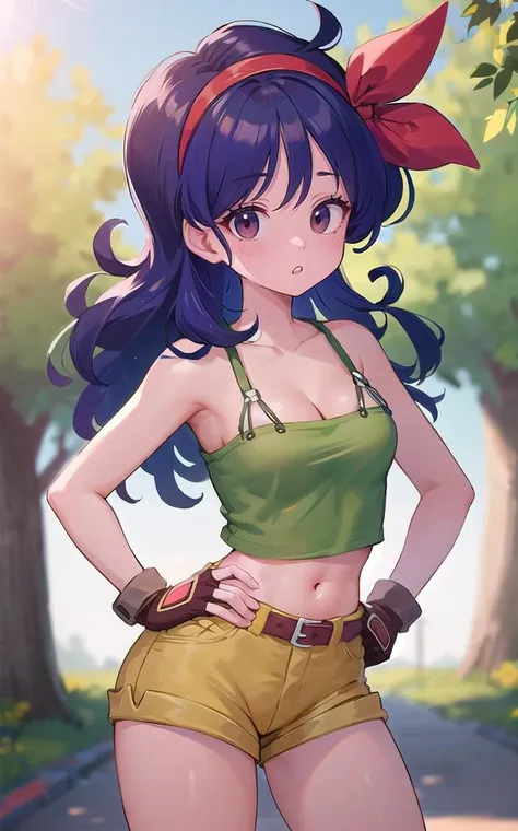 ((masterpiece, best quality)), insaneres, absurdres, solo, looking at viewer,
BlackHair_GoodLaunch_ownwaifu,
1girl, long hair, blue hair, curly hair, hair ribbon, black eyes, medium breasts, red hairband, eyelashes, bangs, 
green shirt,  crop top, midriff, fingerless gloves, cleavage, bare shoulders, navel, short shorts, collarbone, yellow shorts, tank top, belt, brown gloves, 
 outdoors, lens flare, depth of field, bokeh, vanishing point,
(contrapposto, hand on hip)<lora:ANIME_DragonBall_Launch_ownwaifu:0.85>,