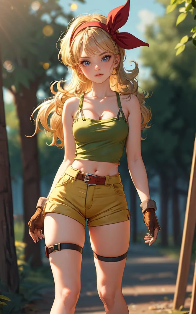 ((masterpiece, best quality)), insaneres, absurdres, solo, looking at viewer,
BlondeHair_BadLaunch_ownwaifu,
1girl, long hair, blonde hair, curly hair, hair ribbon, blue eyes, medium breasts, red hairband, eyelashes, bangs,
green shirt, yellow shorts, crop top, midriff, fingerless gloves, cleavage, bare shoulders, navel, short shorts, collarbone, tank top, belt, brown gloves, thigh strap, bare legs,
outdoors, lens flare, depth of field, bokeh, vanishing point,
(contrapposto, looking back)<lora:ANIME_DragonBall_Launch_ownwaifu:0.75>,