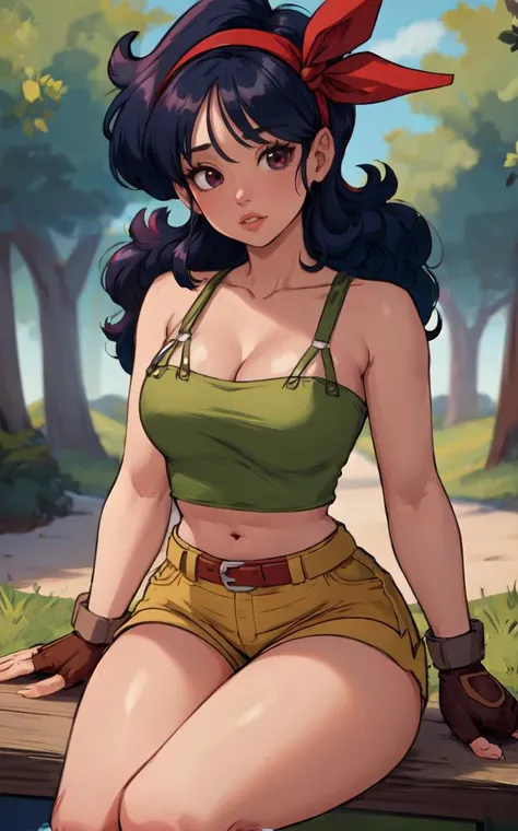 ((masterpiece, best quality)), insaneres, absurdres, solo, looking at viewer,
BlackHair_GoodLaunch_ownwaifu,
1girl, long hair, blue hair, curly hair, hair ribbon, black eyes, medium breasts, red hairband, eyelashes, bangs, 
green shirt,  crop top, midriff, fingerless gloves, cleavage, bare shoulders, navel, short shorts, collarbone, yellow shorts, tank top, belt, brown gloves, 
 outdoors, lens flare, depth of field, bokeh, vanishing point,
(sitting, head tilt)<lora:ANIME_DragonBall_Launch_ownwaifu:1>,