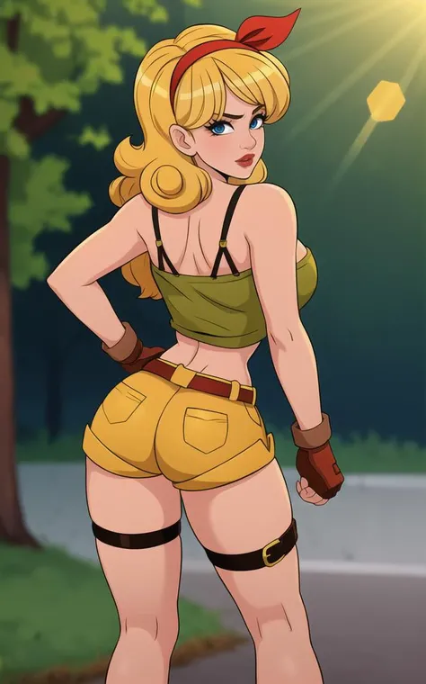 ((masterpiece, best quality)), insaneres, absurdres, solo, looking at viewer,
BlondeHair_BadLaunch_ownwaifu,
1girl, long hair, blonde hair, curly hair, hair ribbon, blue eyes, medium breasts, red hairband, eyelashes, bangs,
green shirt, yellow shorts, crop top, midriff, fingerless gloves, cleavage, bare shoulders, navel, short shorts, collarbone, tank top, belt, brown gloves, thigh strap, bare legs,
outdoors, lens flare, depth of field, bokeh, vanishing point,
(contrapposto, looking back)<lora:ANIME_DragonBall_Launch_ownwaifu:0.75>,