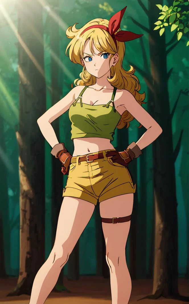 ((masterpiece, best quality)), insaneres, absurdres, solo, looking at viewer,
BlondeHair_BadLaunch_ownwaifu,
1girl, long hair, blonde hair, curly hair, hair ribbon, blue eyes, medium breasts, red hairband, eyelashes, bangs,
green shirt, yellow shorts, crop top, midriff, fingerless gloves, cleavage, bare shoulders, navel, short shorts, collarbone, tank top, belt, brown gloves, thigh strap, bare legs,
outdoors, lens flare, depth of field, bokeh, vanishing point,
(contrapposto, hand on hip)<lora:ANIME_DragonBall_Launch_ownwaifu:0.85>,