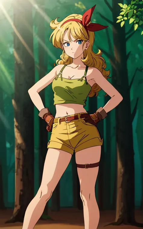 ((masterpiece, best quality)), insaneres, absurdres, solo, looking at viewer,
BlondeHair_BadLaunch_ownwaifu,
1girl, long hair, blonde hair,  curly hair, hair ribbon, blue eyes, medium breasts, red hairband, eyelashes, bangs, 
green shirt,  yellow shorts, crop top, midriff, fingerless gloves, cleavage, bare shoulders, navel, short shorts, collarbone, tank top, belt, brown gloves,  thigh strap, bare legs, 
 outdoors, lens flare, depth of field, bokeh, vanishing point,
(contrapposto, hand on hip)<lora:ANIME_DragonBall_Launch_ownwaifu:0.85>,