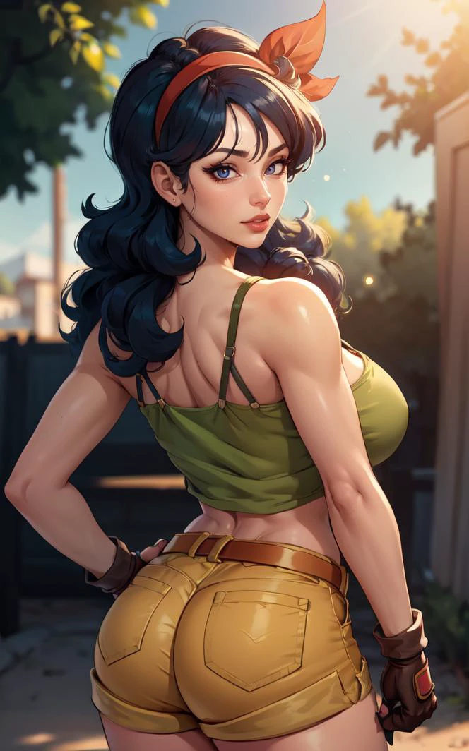 ((masterpiece, best quality)), insaneres, absurdres, solo, looking at viewer,
BlackHair_GoodLaunch_ownwaifu,
1girl, long hair, blue hair, curly hair, hair ribbon, black eyes, medium breasts, red hairband, eyelashes, bangs,
green shirt, crop top, midriff, fingerless gloves, cleavage, bare shoulders, navel, short shorts, collarbone, yellow shorts, tank top, belt, brown gloves,
outdoors, lens flare, depth of field, bokeh, vanishing point,
(contrapposto, looking back)<lora:ANIME_DragonBall_Launch_ownwaifu:0.75>,