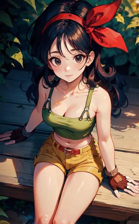 ((masterpiece, best quality)), insaneres, absurdres, solo, looking at viewer,
BlackHair_GoodLaunch_ownwaifu,
1girl, long hair, blue hair, curly hair, hair ribbon, black eyes, medium breasts, red hairband, eyelashes, bangs, 
green shirt,  crop top, midriff, fingerless gloves, cleavage, bare shoulders, navel, short shorts, collarbone, yellow shorts, tank top, belt, brown gloves, 
 outdoors, lens flare, depth of field, bokeh, vanishing point,
(from above, sitting)<lora:ANIME_DragonBall_Launch_ownwaifu:0.9>,