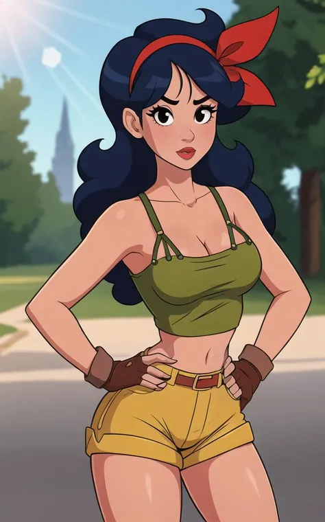 ((masterpiece, best quality)), insaneres, absurdres, solo, looking at viewer,
BlackHair_GoodLaunch_ownwaifu,
1girl, long hair, blue hair, curly hair, hair ribbon, black eyes, medium breasts, red hairband, eyelashes, bangs,
green shirt, crop top, midriff, fingerless gloves, cleavage, bare shoulders, navel, short shorts, collarbone, yellow shorts, tank top, belt, brown gloves,
outdoors, lens flare, depth of field, bokeh, vanishing point,
(contrapposto, hand on hip)<lora:ANIME_DragonBall_Launch_ownwaifu:0.85>,