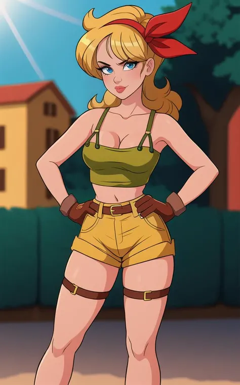 ((masterpiece, best quality)), insaneres, absurdres, solo, looking at viewer,
BlondeHair_BadLaunch_ownwaifu,
1girl, long hair, blonde hair, curly hair, hair ribbon, blue eyes, medium breasts, red hairband, eyelashes, bangs,
green shirt, yellow shorts, crop top, midriff, fingerless gloves, cleavage, bare shoulders, navel, short shorts, collarbone, tank top, belt, brown gloves, thigh strap, bare legs,
outdoors, lens flare, depth of field, bokeh, vanishing point,
(contrapposto, hand on hip)<lora:ANIME_DragonBall_Launch_ownwaifu:0.85>,
