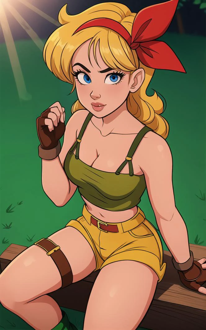 ((masterpiece, best quality)), insaneres, absurdres, solo, looking at viewer,
BlondeHair_BadLaunch_ownwaifu,
1girl, long hair, blonde hair, curly hair, hair ribbon, blue eyes, medium breasts, red hairband, eyelashes, bangs,
green shirt, yellow shorts, crop top, midriff, fingerless gloves, cleavage, bare shoulders, navel, short shorts, collarbone, tank top, belt, brown gloves, thigh strap, bare legs,
outdoors, lens flare, depth of field, bokeh, vanishing point,
(from above, sitting)<lora:ANIME_DragonBall_Launch_ownwaifu:0.9>,