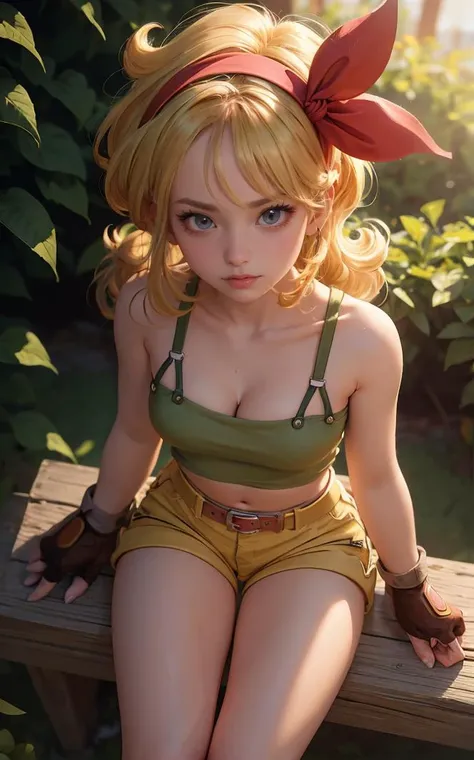 ((masterpiece, best quality)), insaneres, absurdres, solo, looking at viewer,
BlondeHair_BadLaunch_ownwaifu,
1girl, long hair, blonde hair, curly hair, hair ribbon, blue eyes, medium breasts, red hairband, eyelashes, bangs,
green shirt, yellow shorts, crop top, midriff, fingerless gloves, cleavage, bare shoulders, navel, short shorts, collarbone, tank top, belt, brown gloves, thigh strap, bare legs,
outdoors, lens flare, depth of field, bokeh, vanishing point,
(from above, sitting)<lora:ANIME_DragonBall_Launch_ownwaifu:0.9>,