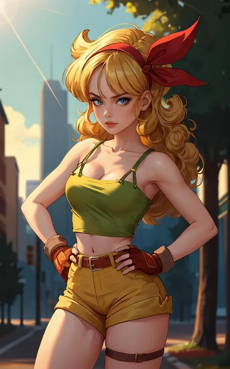 ((masterpiece, best quality)), insaneres, absurdres, solo, looking at viewer,
BlondeHair_BadLaunch_ownwaifu,
1girl, long hair, blonde hair,  curly hair, hair ribbon, blue eyes, medium breasts, red hairband, eyelashes, bangs, 
green shirt,  yellow shorts, crop top, midriff, fingerless gloves, cleavage, bare shoulders, navel, short shorts, collarbone, tank top, belt, brown gloves,  thigh strap, bare legs, 
 outdoors, lens flare, depth of field, bokeh, vanishing point,
(contrapposto, hand on hip)<lora:ANIME_DragonBall_Launch_ownwaifu:0.85>,