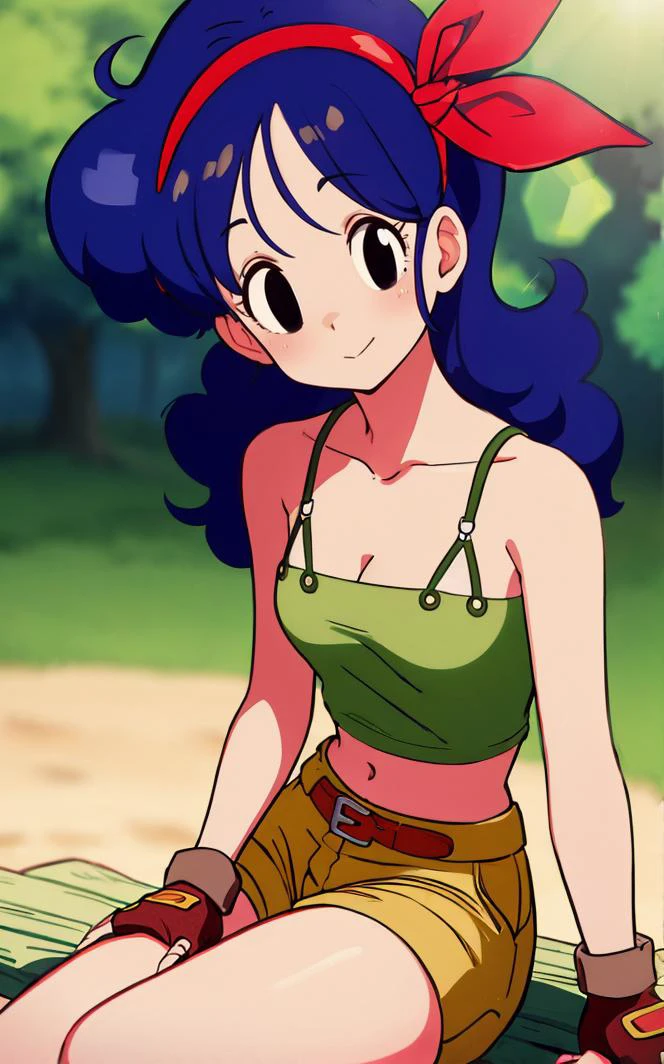 ((masterpiece, best quality)), insaneres, absurdres, solo, looking at viewer,
BlackHair_GoodLaunch_ownwaifu,
1girl, long hair, blue hair, curly hair, hair ribbon, black eyes, medium breasts, red hairband, eyelashes, bangs,
green shirt, crop top, midriff, fingerless gloves, cleavage, bare shoulders, navel, short shorts, collarbone, yellow shorts, tank top, belt, brown gloves,
outdoors, lens flare, depth of field, bokeh, vanishing point,
(sitting, head tilt)<lora:ANIME_DragonBall_Launch_ownwaifu:1>,