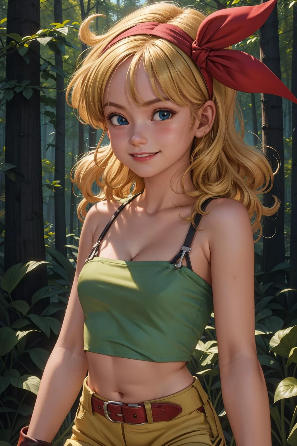 BlondeHair_BadLaunch_ownwaifu, 1girl, long hair, blonde hair, curly hair, hair ribbon, blue eyes, medium breasts, red hairband, eyelashes, bangs,
green shirt, yellow shorts, crop top, midriff, fingerless gloves, cleavage, bare shoulders, navel, short shorts, collarbone, tank top, belt, brown gloves,
evil smile, upper body,
forest,outdoor,
(insanely detailed, beautiful detailed face, masterpiece, best quality) cinematic lighting,<lora:ANIME_DragonBall_Launch_ownwaifu:0.7>,<lora:more_details:0.3>,
