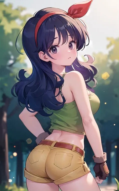 ((masterpiece, best quality)), insaneres, absurdres, solo, looking at viewer,
BlackHair_GoodLaunch_ownwaifu,
1girl, long hair, blue hair, curly hair, hair ribbon, black eyes, medium breasts, red hairband, eyelashes, bangs, 
green shirt,  crop top, midriff, fingerless gloves, cleavage, bare shoulders, navel, short shorts, collarbone, yellow shorts, tank top, belt, brown gloves, 
 outdoors, lens flare, depth of field, bokeh, vanishing point,
(contrapposto, looking back)<lora:ANIME_DragonBall_Launch_ownwaifu:0.75>,