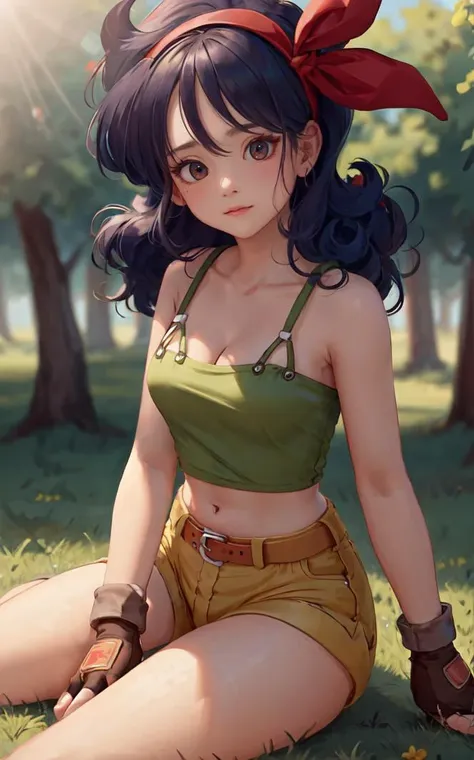 ((masterpiece, best quality)), insaneres, absurdres, solo, looking at viewer,
BlackHair_GoodLaunch_ownwaifu,
1girl, long hair, blue hair, curly hair, hair ribbon, black eyes, medium breasts, red hairband, eyelashes, bangs, 
green shirt,  crop top, midriff, fingerless gloves, cleavage, bare shoulders, navel, short shorts, collarbone, yellow shorts, tank top, belt, brown gloves, 
 outdoors, lens flare, depth of field, bokeh, vanishing point,
(sitting, head tilt)<lora:ANIME_DragonBall_Launch_ownwaifu:1>,