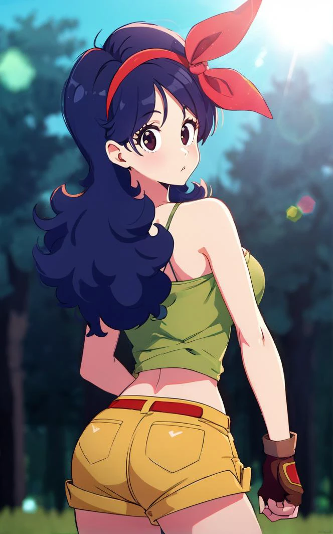 ((masterpiece, best quality)), insaneres, absurdres, solo, looking at viewer,
BlackHair_GoodLaunch_ownwaifu,
1girl, long hair, blue hair, curly hair, hair ribbon, black eyes, medium breasts, red hairband, eyelashes, bangs,
green shirt, crop top, midriff, fingerless gloves, cleavage, bare shoulders, navel, short shorts, collarbone, yellow shorts, tank top, belt, brown gloves,
outdoors, lens flare, depth of field, bokeh, vanishing point,
(contrapposto, looking back)<lora:ANIME_DragonBall_Launch_ownwaifu:0.75>,