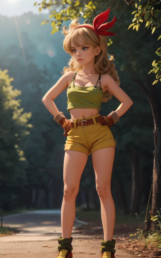 ((masterpiece, best quality)), insaneres, absurdres, solo, looking at viewer,
BlondeHair_BadLaunch_ownwaifu,
1girl, long hair, blonde hair, curly hair, hair ribbon, blue eyes, medium breasts, red hairband, eyelashes, bangs,
green shirt, yellow shorts, crop top, midriff, fingerless gloves, cleavage, bare shoulders, navel, short shorts, collarbone, tank top, belt, brown gloves, thigh strap, bare legs,
outdoors, lens flare, depth of field, bokeh, vanishing point,
(contrapposto, hand on hip)<lora:ANIME_DragonBall_Launch_ownwaifu:0.85>,