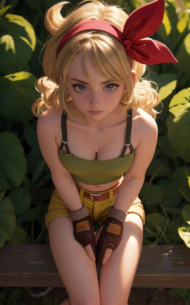 ((masterpiece, best quality)), insaneres, absurdres, solo, looking at viewer,
BlondeHair_BadLaunch_ownwaifu,
1girl, long hair, blonde hair, curly hair, hair ribbon, blue eyes, medium breasts, red hairband, eyelashes, bangs,
green shirt, yellow shorts, crop top, midriff, fingerless gloves, cleavage, bare shoulders, navel, short shorts, collarbone, tank top, belt, brown gloves, thigh strap, bare legs,
outdoors, lens flare, depth of field, bokeh, vanishing point,
(from above, sitting)<lora:ANIME_DragonBall_Launch_ownwaifu:0.9>,