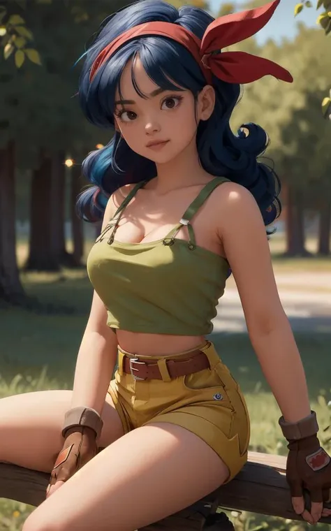 ((masterpiece, best quality)), insaneres, absurdres, solo, looking at viewer,
BlackHair_GoodLaunch_ownwaifu,
1girl, long hair, blue hair, curly hair, hair ribbon, black eyes, medium breasts, red hairband, eyelashes, bangs, 
green shirt,  crop top, midriff, fingerless gloves, cleavage, bare shoulders, navel, short shorts, collarbone, yellow shorts, tank top, belt, brown gloves, 
 outdoors, lens flare, depth of field, bokeh, vanishing point,
(sitting, head tilt)<lora:ANIME_DragonBall_Launch_ownwaifu:1>,