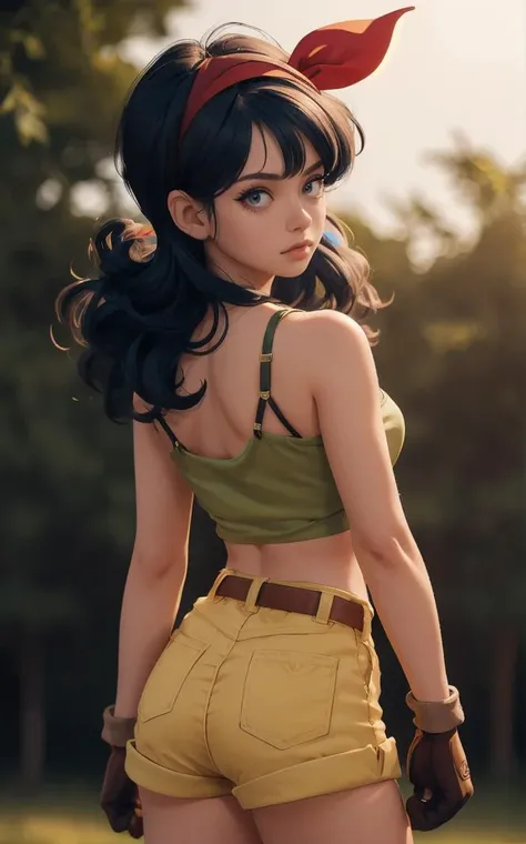 ((masterpiece, best quality)), insaneres, absurdres, solo, looking at viewer,
BlackHair_GoodLaunch_ownwaifu,
1girl, long hair, blue hair, curly hair, hair ribbon, black eyes, medium breasts, red hairband, eyelashes, bangs, 
green shirt,  crop top, midriff, fingerless gloves, cleavage, bare shoulders, navel, short shorts, collarbone, yellow shorts, tank top, belt, brown gloves, 
 outdoors, lens flare, depth of field, bokeh, vanishing point,
(contrapposto, looking back)<lora:ANIME_DragonBall_Launch_ownwaifu:0.75>,