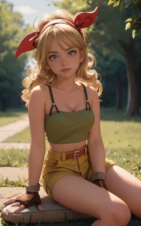 ((masterpiece, best quality)), insaneres, absurdres, solo, looking at viewer,
BlondeHair_BadLaunch_ownwaifu,
1girl, long hair, blonde hair,  curly hair, hair ribbon, blue eyes, medium breasts, red hairband, eyelashes, bangs, 
green shirt,  yellow shorts, crop top, midriff, fingerless gloves, cleavage, bare shoulders, navel, short shorts, collarbone, tank top, belt, brown gloves,  thigh strap, bare legs, 
 outdoors, lens flare, depth of field, bokeh, vanishing point,
(sitting, head tilt)<lora:ANIME_DragonBall_Launch_ownwaifu:1>,