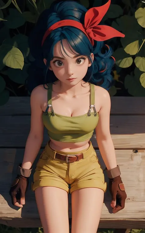 ((masterpiece, best quality)), insaneres, absurdres, solo, looking at viewer,
BlackHair_GoodLaunch_ownwaifu,
1girl, long hair, blue hair, curly hair, hair ribbon, black eyes, medium breasts, red hairband, eyelashes, bangs, 
green shirt,  crop top, midriff, fingerless gloves, cleavage, bare shoulders, navel, short shorts, collarbone, yellow shorts, tank top, belt, brown gloves, 
 outdoors, lens flare, depth of field, bokeh, vanishing point,
(from above, sitting)<lora:ANIME_DragonBall_Launch_ownwaifu:0.9>,