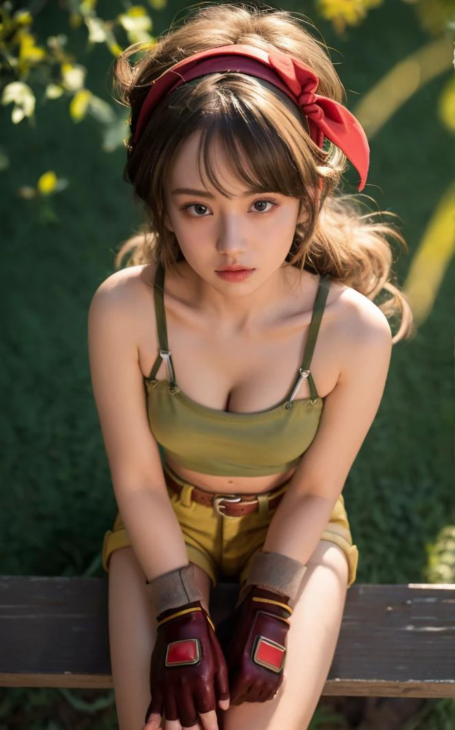 ((masterpiece, best quality)), insaneres, absurdres, solo, looking at viewer,
BlondeHair_BadLaunch_ownwaifu,
1girl, long hair, blonde hair, curly hair, hair ribbon, blue eyes, medium breasts, red hairband, eyelashes, bangs,
green shirt, yellow shorts, crop top, midriff, fingerless gloves, cleavage, bare shoulders, navel, short shorts, collarbone, tank top, belt, brown gloves, thigh strap, bare legs,
outdoors, lens flare, depth of field, bokeh, vanishing point,
(from above, sitting)<lora:ANIME_DragonBall_Launch_ownwaifu:0.9>,
