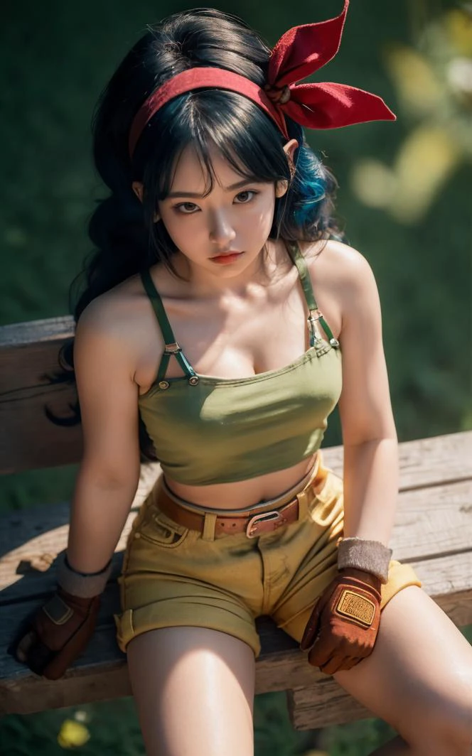 ((masterpiece, best quality)), insaneres, absurdres, solo, looking at viewer,
BlackHair_GoodLaunch_ownwaifu,
1girl, long hair, blue hair, curly hair, hair ribbon, black eyes, medium breasts, red hairband, eyelashes, bangs,
green shirt, crop top, midriff, fingerless gloves, cleavage, bare shoulders, navel, short shorts, collarbone, yellow shorts, tank top, belt, brown gloves,
outdoors, lens flare, depth of field, bokeh, vanishing point,
(from above, sitting)<lora:ANIME_DragonBall_Launch_ownwaifu:0.9>,