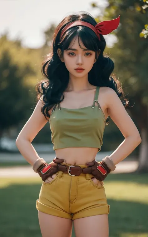 ((masterpiece, best quality)), insaneres, absurdres, solo, looking at viewer,
BlackHair_GoodLaunch_ownwaifu,
1girl, long hair, blue hair, curly hair, hair ribbon, black eyes, medium breasts, red hairband, eyelashes, bangs,
green shirt, crop top, midriff, fingerless gloves, cleavage, bare shoulders, navel, short shorts, collarbone, yellow shorts, tank top, belt, brown gloves,
outdoors, lens flare, depth of field, bokeh, vanishing point,
(contrapposto, hand on hip)<lora:ANIME_DragonBall_Launch_ownwaifu:0.85>,