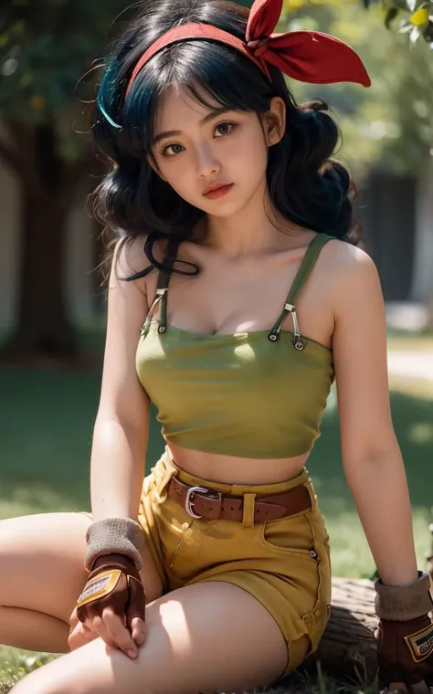 ((masterpiece, best quality)), insaneres, absurdres, solo, looking at viewer,
BlackHair_GoodLaunch_ownwaifu,
1girl, long hair, blue hair, curly hair, hair ribbon, black eyes, medium breasts, red hairband, eyelashes, bangs,
green shirt, crop top, midriff, fingerless gloves, cleavage, bare shoulders, navel, short shorts, collarbone, yellow shorts, tank top, belt, brown gloves,
outdoors, lens flare, depth of field, bokeh, vanishing point,
(sitting, head tilt)<lora:ANIME_DragonBall_Launch_ownwaifu:1>,