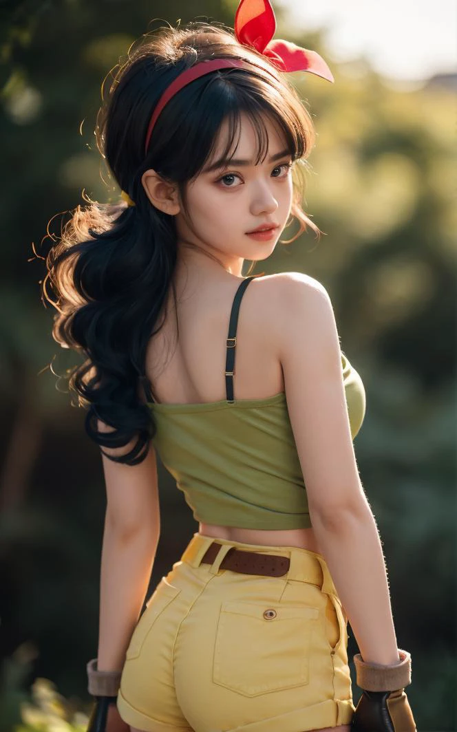 ((masterpiece, best quality)), insaneres, absurdres, solo, looking at viewer,
BlackHair_GoodLaunch_ownwaifu,
1girl, long hair, blue hair, curly hair, hair ribbon, black eyes, medium breasts, red hairband, eyelashes, bangs,
green shirt, crop top, midriff, fingerless gloves, cleavage, bare shoulders, navel, short shorts, collarbone, yellow shorts, tank top, belt, brown gloves,
outdoors, lens flare, depth of field, bokeh, vanishing point,
(contrapposto, looking back)<lora:ANIME_DragonBall_Launch_ownwaifu:0.75>,