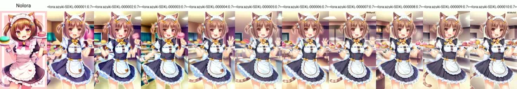 Nolora,nekopara, nekopara_azuki, 1girl, animal_ears, solo, tail, brown_eyes, cat_ears, brown_hair, bell, maid_headdress, name_tag, open_mouth, slit_pupils, striped_tail, cat_tail, maid, apron, jingle_bell, wrist_cuffs, short_hair, smile, looking_at_viewer, short_sleeves, :3, bow, two_side_up, :d, waitress, puffy_short_sleeves, blush, food, puffy_sleeves, waist_apron, bowtie, ribbon, macaron