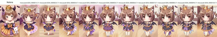 Nolora,chibi, nekopara, nekopara_azuki, 1girl, brown hair, solo, crown, wings, animal ears, brown eyes, looking at viewer, horns, halloween, short hair, detached sleeves, dress, bat wings, bow, ribbon, halloween costume, blush, twintails, mini crown, wooden floor, choker