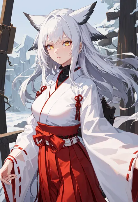 best quality, masterpiece, highres, solo, (ptilopsis_arknights:1.10), (white kimono:1.35), (red hakama:1.35), (wide sleeves:1.20), 27 <lora:ptilopsis_arknights:0.80>