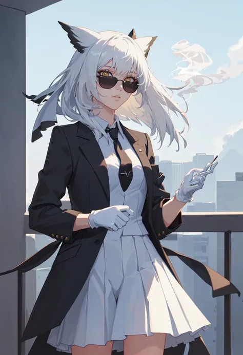 best quality, masterpiece, highres, solo, (ptilopsis_arknights:1.10), (black business suit:1.40), (tie:1.20), (sunglasses:1.25), (white gloves:1.15), (white shirt:1.10), (black skirt:1.15), (smoking:1.20), handsome, 29 <lora:ptilopsis_arknights:0.80>
