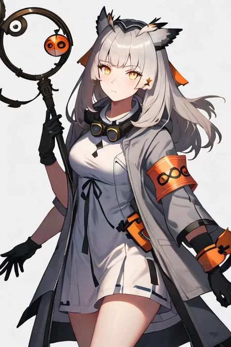 best quality, masterpiece, highres, solo, (ptilopsis_arknights:1.10), 1girl, looking at viewer, white dress, armband, holding staff, rhine lab logo, long sleeves, thigh strap, white coat, white thighhighs, feather hair, thigh boots, white footwear, black shorts, grey background, 7 <lora:ptilopsis_arknights:0.80>