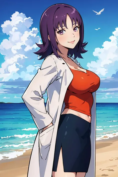 masterpiece, best quality, <lora:profivy-nvwls-v1-000009:0.9> profivy, purple hair, labcoat, orange shirt, pencil skirt, looking at viewer, large breasts, cowboy shot, outdoors, looking at viewer, sky, clouds, ocean, from side, smile, squinting