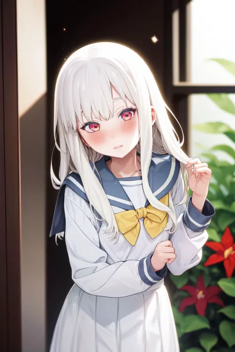 <lora:Mameojitan_style_v02.10.01.04:1> (solo:1.1), 1girl, standing, ultra detailed eyes, white hair, round fringe, flat chest, blush, white seifuku, sailor collar, (in front of glass window, large window, Anthurium \(flower\), blooming flowers, plants, trees), glitter particles, blurry background, soft lighting, bloom effect