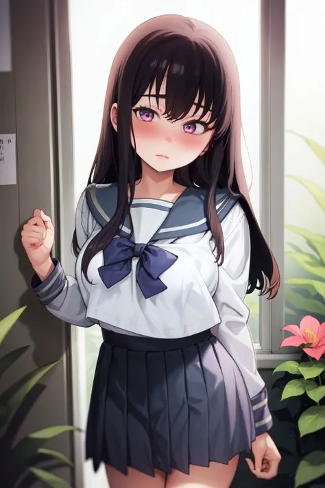 <lora:Mameojitan_style_v02.10.01.04:1> (solo:1.1), 1girl, standing, ultra detailed eyes, black hair, micro bangs, medium breasts, blush, white seifuku, sailor collar, (in front of glass window, large window, Heath \(flower\), blooming flowers, plants, trees), frontlighting, blurry background, soft lighting, bloom effect
