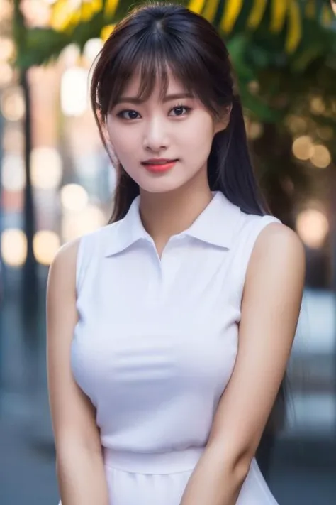 bangs, <lora:twiceTzuyuV1:1>,Tzuyu, woman,complex 3d render ultra detailed, smile, portrait of beautiful woman, moody portrait, striking features, beauty, intricate details, dramatic composition, tension, contrast, texture, realism, high-quality rendering, stunning art, high quality, film grain, Fujifilm XT3,swirly bokeh,(realistic, photo-realistic:1.2),RAW photo,physically-based rendering,(looking at viewer:1.4),(8k, best quality, masterpiece:1.2),(full body shot:1.1),octane render,extremely detailed CG, unity 8k wallpaper,in street,urban,city,(studio soft light,sunlight:1.2),(standing:1.1),(a girl is wearing sleeveless:1.5),hyper realistic detail shiny skin,ultra detailed,(ultra realistic:1.2),(intricate:1.2),(photorealistic:1.2),1girl,(skinny:1.3),detailed background ,(large breasts:1.1)