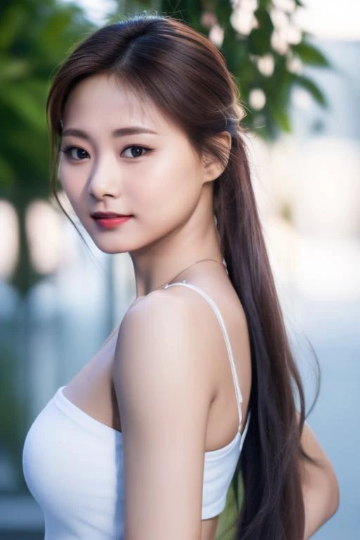 <lora:twiceTzuyuV1:1>,Tzuyu, woman,complex 3d render ultra detailed, smile, portrait of beautiful woman, moody portrait, striking features, beauty, intricate details, dramatic composition, tension, contrast, texture, realism, high-quality rendering, stunning art, high quality, film grain, Fujifilm XT3,swirly bokeh,(realistic, photo-realistic:1.2),RAW photo,physically-based rendering,(looking at viewer:1.4),(8k, best quality, masterpiece:1.2),(full body shot:1.1),octane render,extremely detailed CG, unity 8k wallpaper,in street,urban,city,(studio soft light,sunlight:1.2),(standing:1.1),(a girl is wearing sleeveless:1.5),hyper realistic detail shiny skin,ultra detailed,(ultra realistic:1.2),(intricate:1.2),(photorealistic:1.2),1girl,(skinny:1.3),detailed background ,(large breasts:1.1)