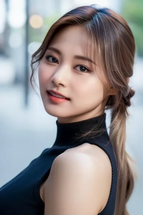 bangs, <lora:twiceTzuyuV1:1>,Tzuyu, woman,complex 3d render ultra detailed, smile, portrait of beautiful woman, moody portrait, striking features, beauty, intricate details, dramatic composition, tension, contrast, texture, realism, high-quality rendering, stunning art, high quality, film grain, Fujifilm XT3,swirly bokeh,(realistic, photo-realistic:1.2),RAW photo,physically-based rendering,(looking at viewer:1.4),(8k, best quality, masterpiece:1.2),(full body shot:1.1),octane render,extremely detailed CG, unity 8k wallpaper,in street,urban,city,(studio soft light,sunlight:1.2),(standing:1.1),(a girl is wearing sleeveless:1.5),hyper realistic detail shiny skin,ultra detailed,(ultra realistic:1.2),(intricate:1.2),(photorealistic:1.2),1girl,(skinny:1.3),detailed background ,(large breasts:1.1)