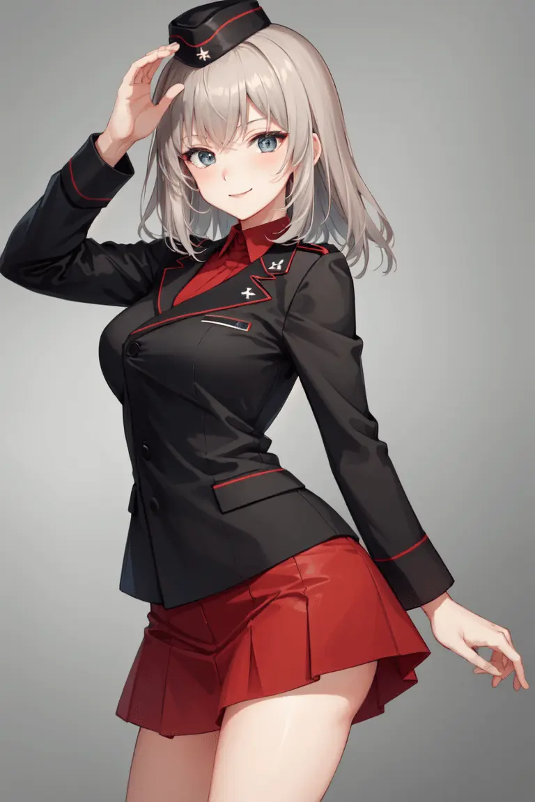 masterpiece, best quality, absurdres, perfect antomy, 1girl, solo, Itsumi Erika, bangs, kuromorimine military uniform, black jacket, red shirt, red skirt, hat, standing, cowboy shot, smile