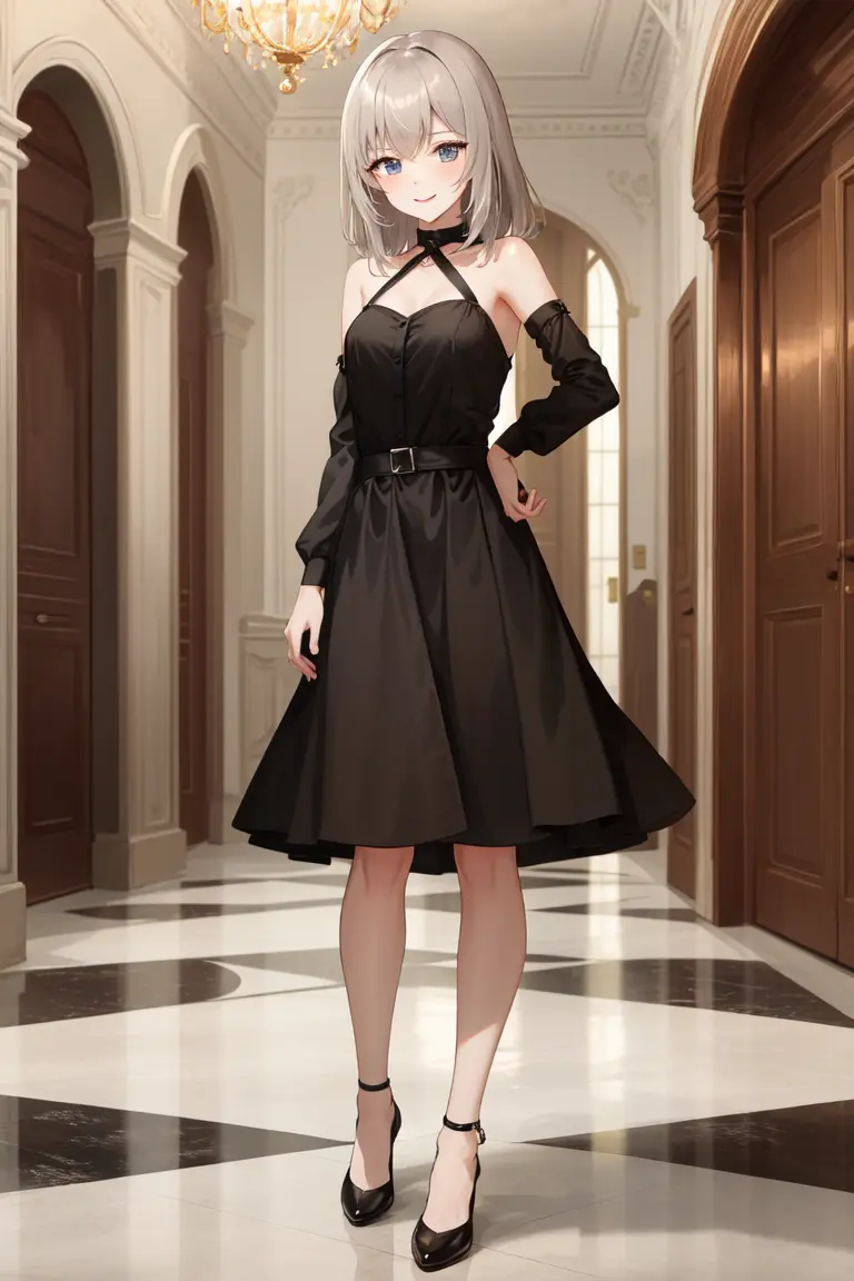 masterpiece, best quality, absurdres, perfect antomy, 1girl, solo, Itsumi Erika, bangs, elegant, long dress, black dress, halterneck, smile, indoors, reflective floor, ball room