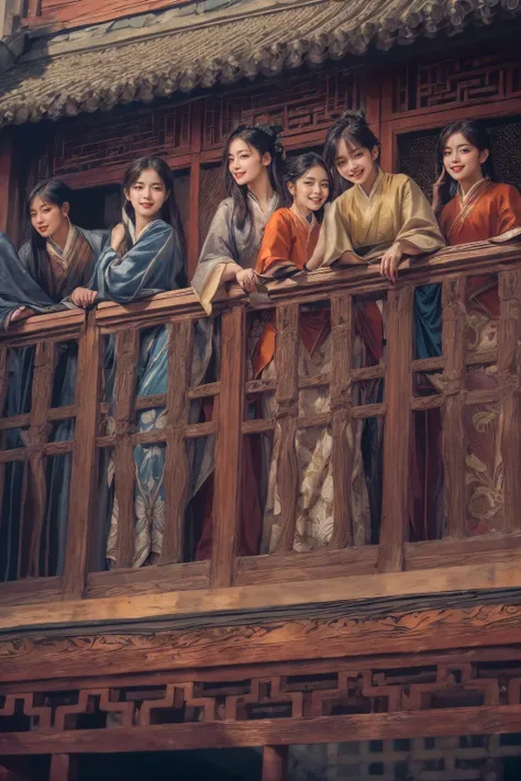 ASCII(RAW photo, best quality), (realistic, photo-realistic:1.3), extremely delicate and beautiful, Amazing, finely detail, masterpiece, ultra-detailed, highres,(best illustration), (best shadow),intricate,stunning skin details,
 many beautiful girls stand on the balcony of an ancient chinese house, (((laughing:1.4))),in the style of photographically detailed portraitures, 32k uhd, larme kei, fine art photography, romantic depictions of historical events, exquisite clothing detail, fantasy settings,
sharp focus, volumetric fog, 8k UHD, DSLR, high quality, (film grain:1.4), Fujifilm XT3, (blue and orange tone impression), <lora:add_detail:1>  <lora:multiplegirlsgroup:0.8>
