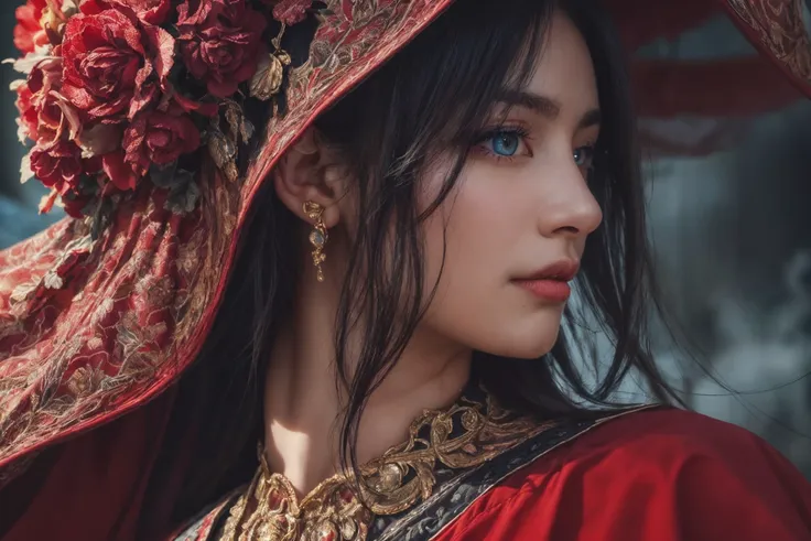 (RAW photo, best quality),(realistic, photo-realistic:1.3),extremely delicate and beautiful,Amazing,finely detail,masterpiece,ultra-detailed,highres,(best illustration),(best shadow),intricate,
blue eyes,
sharp focus,volumetric fog,8k UHD,DSLR,high quality,(film grain:1.4),Fujifilm XT3,black and red tone impression on background,
